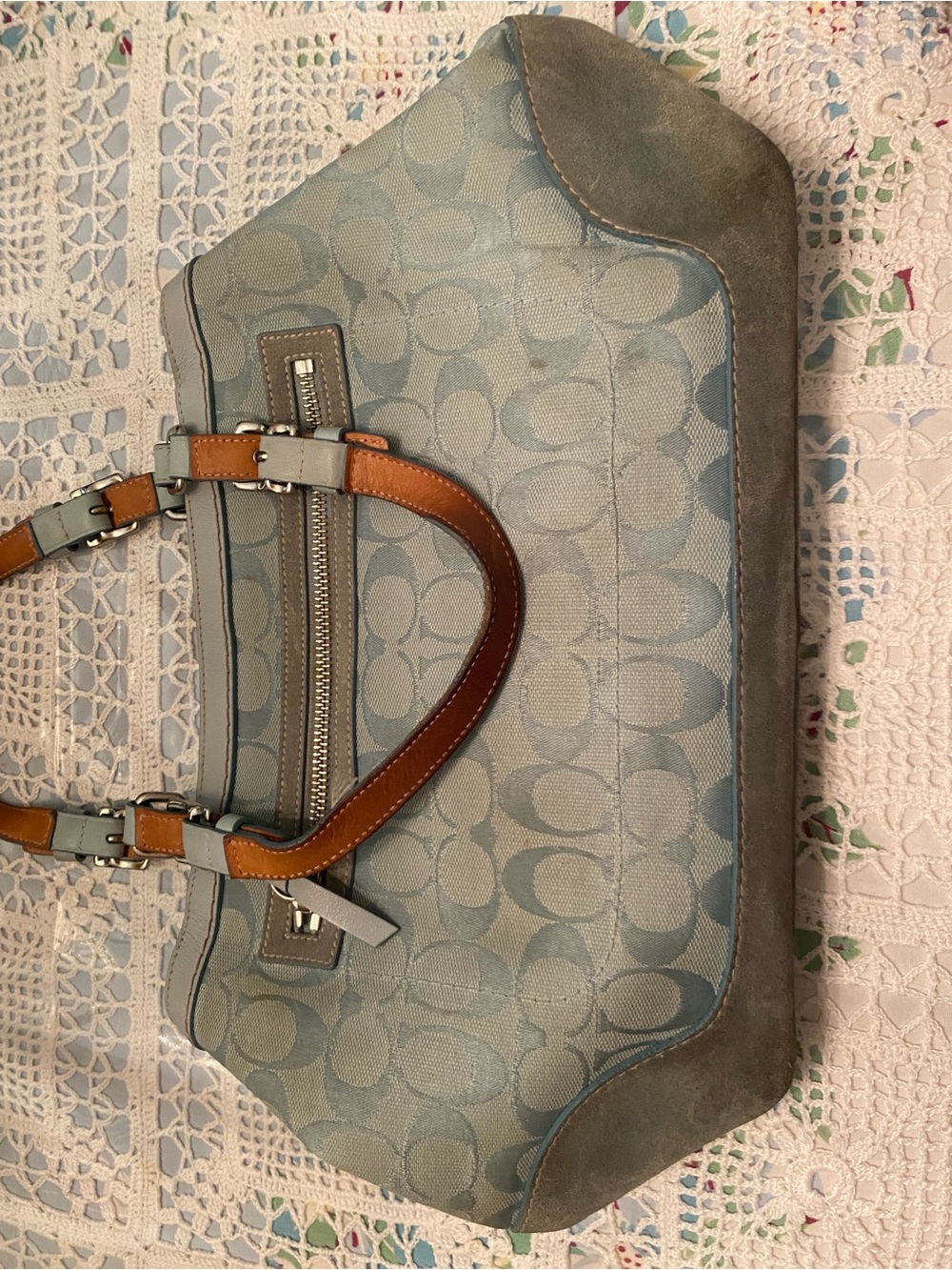 Coach Signature Canvas and Suede Tote Bag in Light Sky Blue **READ DESCRIPTION** - Picture 6 of 13